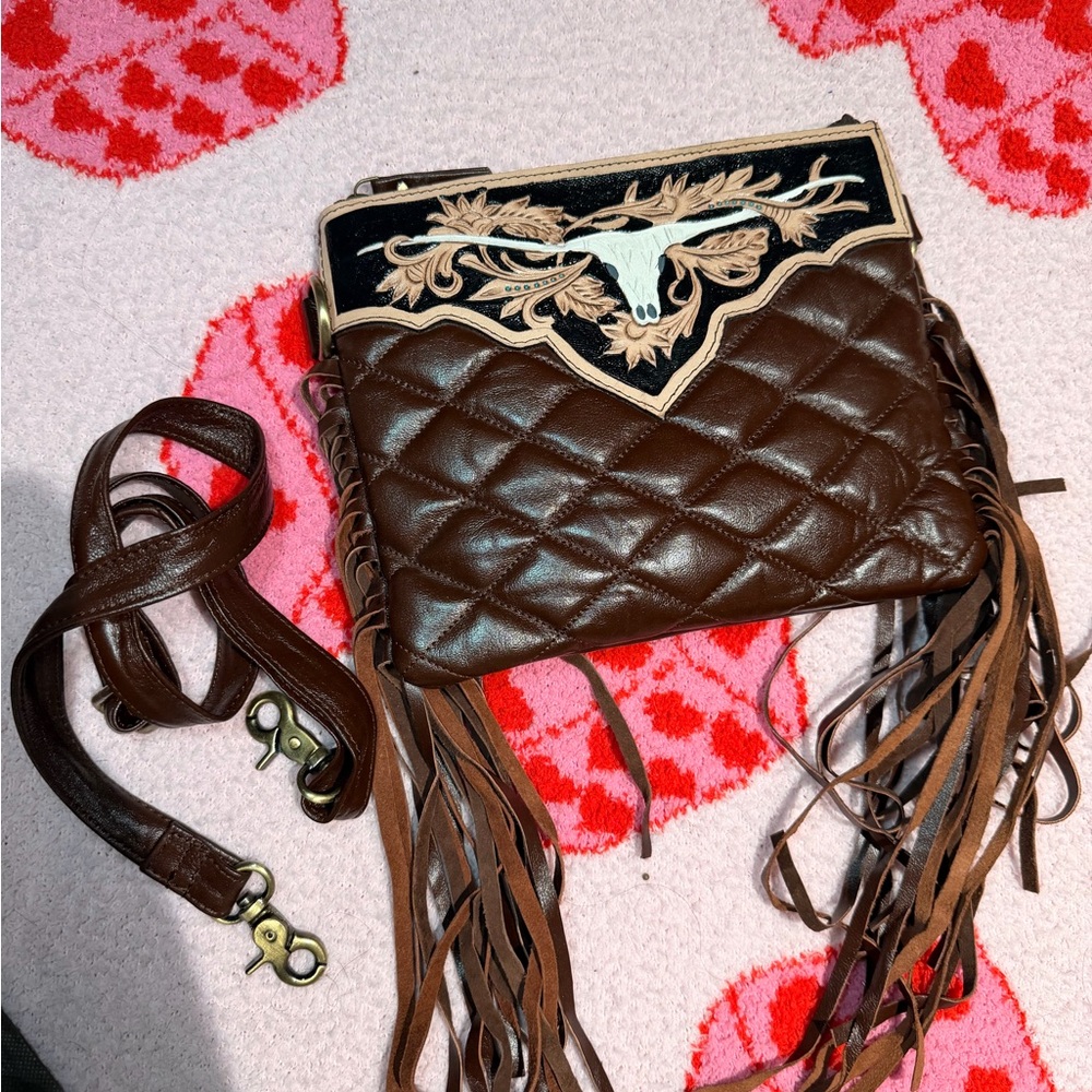 Brown Quilted Fringe Crossbody Bag